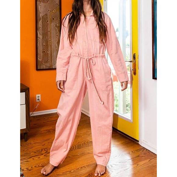 NEW BUCKETLIST linen button up jumpsuit in salmon - Picture 2 of 4